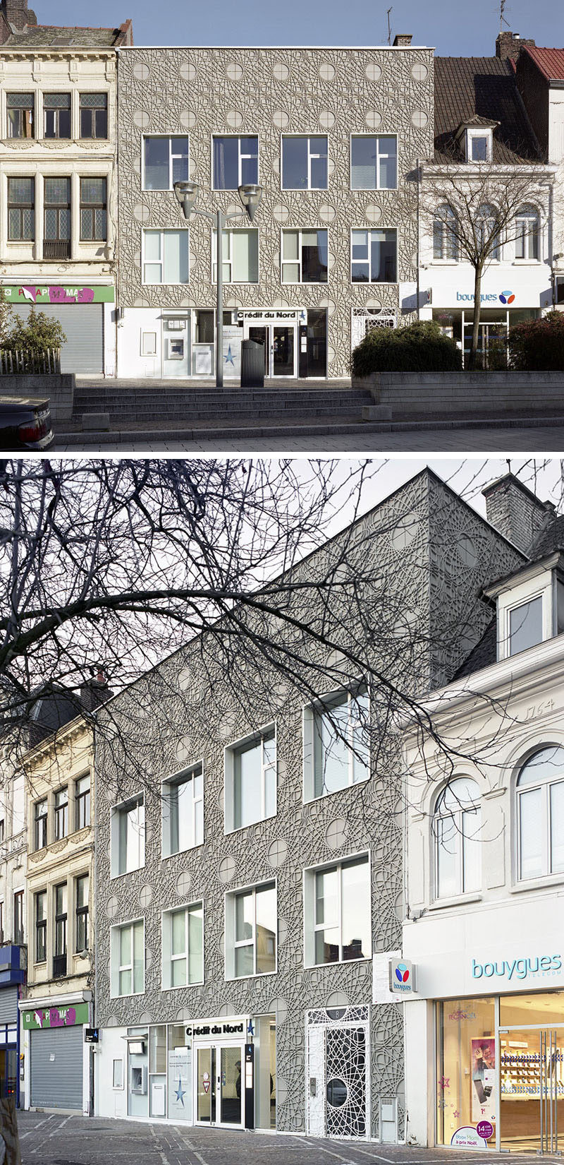 This building facade is made up of decorative rosette concrete panels inspired by a pattern found on bank notes.