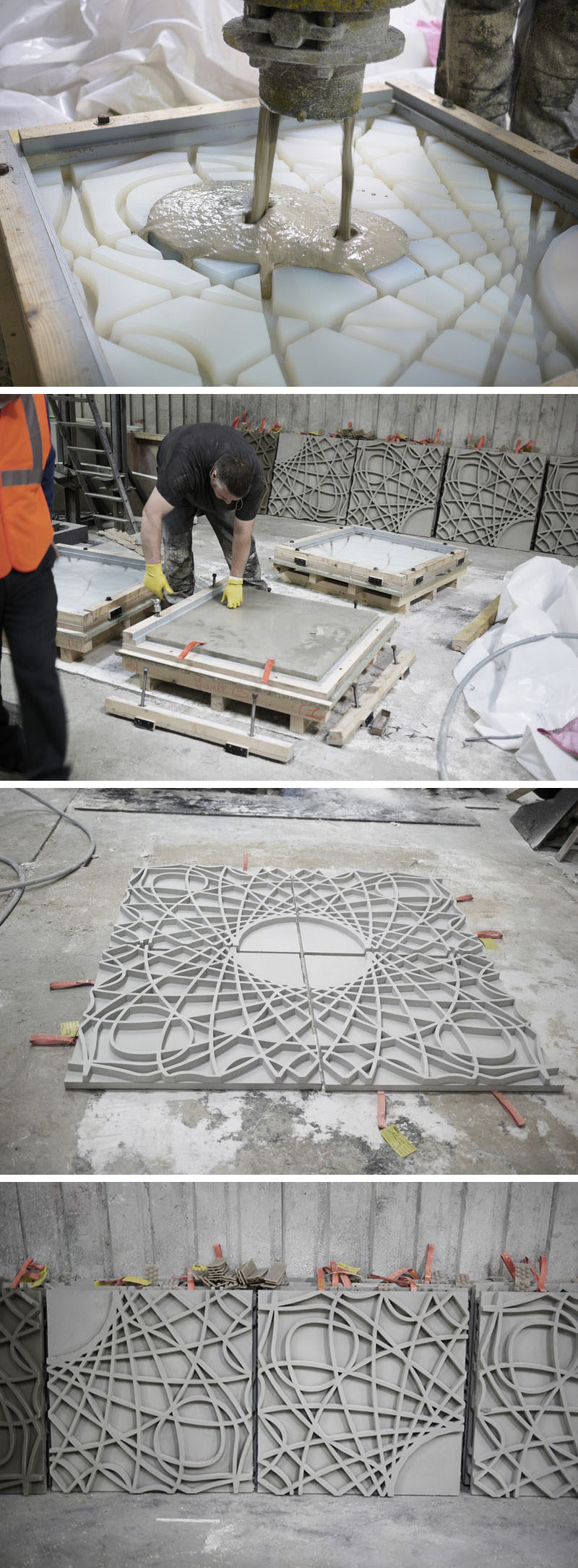 Concrete was poured into molds to create decorative concrete panels that were then installed on the facade of a building in France.