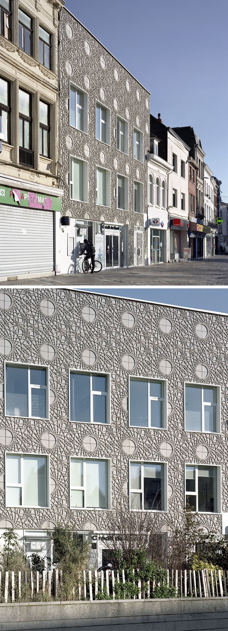 This building facade is made up of decorative concrete panels inspired by a pattern found on bank notes.