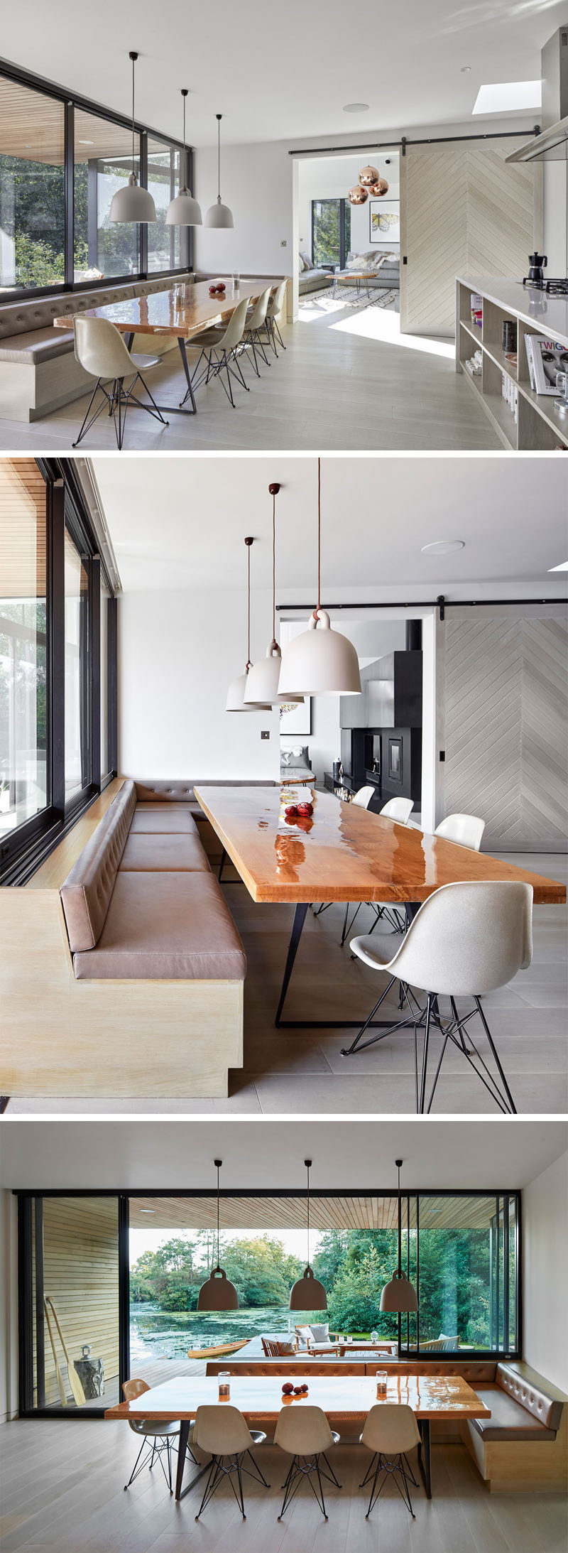 In this open kitchen and dining area, there's a large built-in banquette that wraps around the corner and provides the perfect position for the wood dining table.