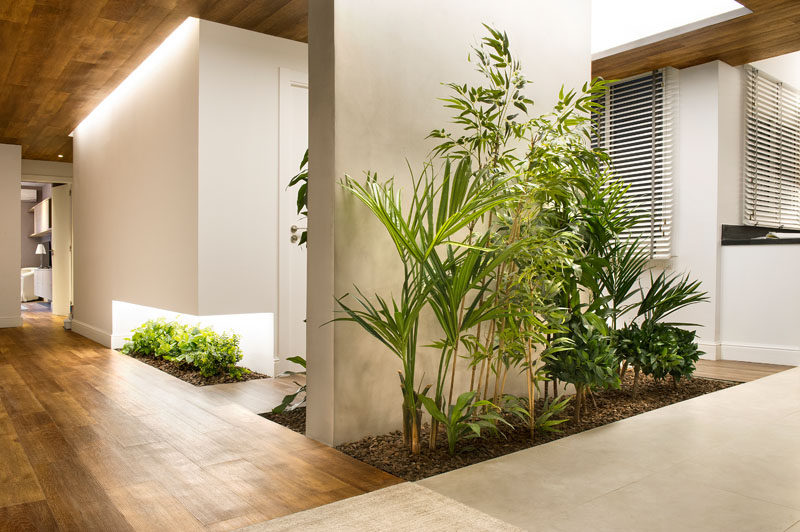 When designing a vacation apartment in Barcelona, Egue y Seta created a relaxed interior by including built-in planters in the floor filled with a combination of artificial and low maintenance plants.