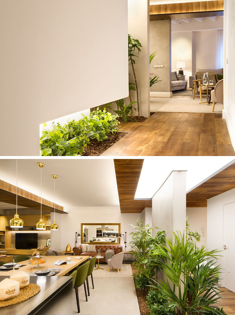 When designing a vacation apartment in Barcelona, Egue y Seta created a relaxed interior by including built-in planters in the floor filled with a combination of artificial and low maintenance plants.