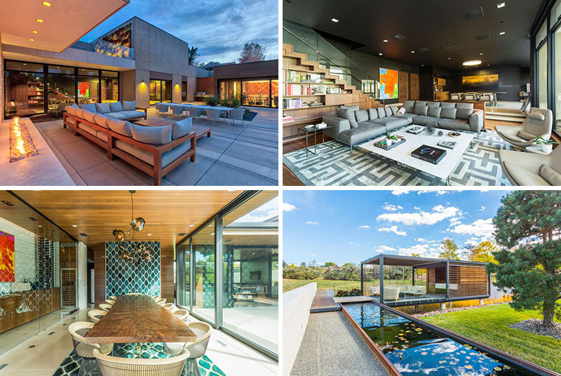 This contemporary home in Colorado, has multiple indoor and outdoor living spaces as well as plenty of green space and a pool.