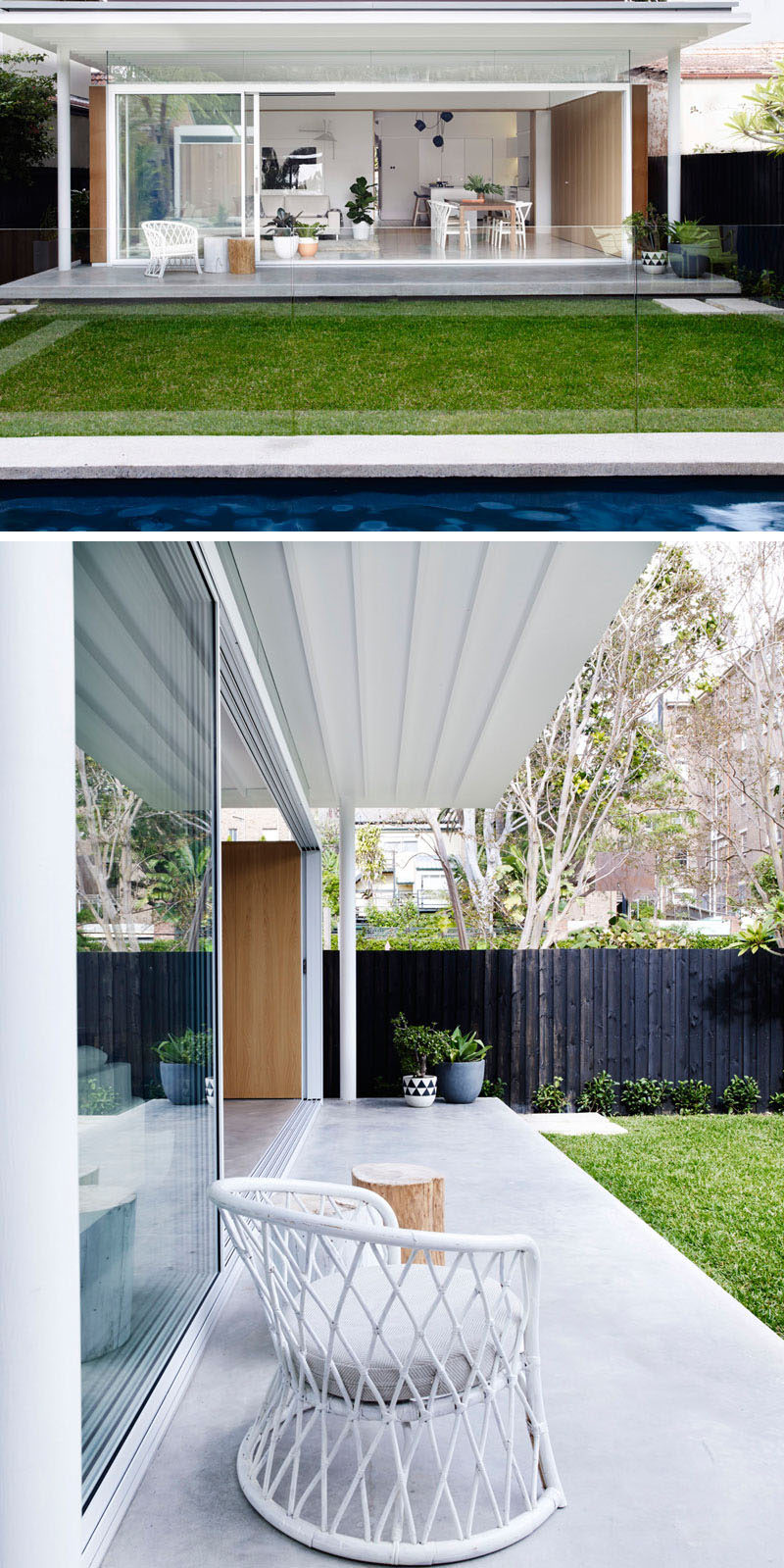 A covered patio area extends the living area of this renovated house to the outdoors, and provides shade on hot summer days.