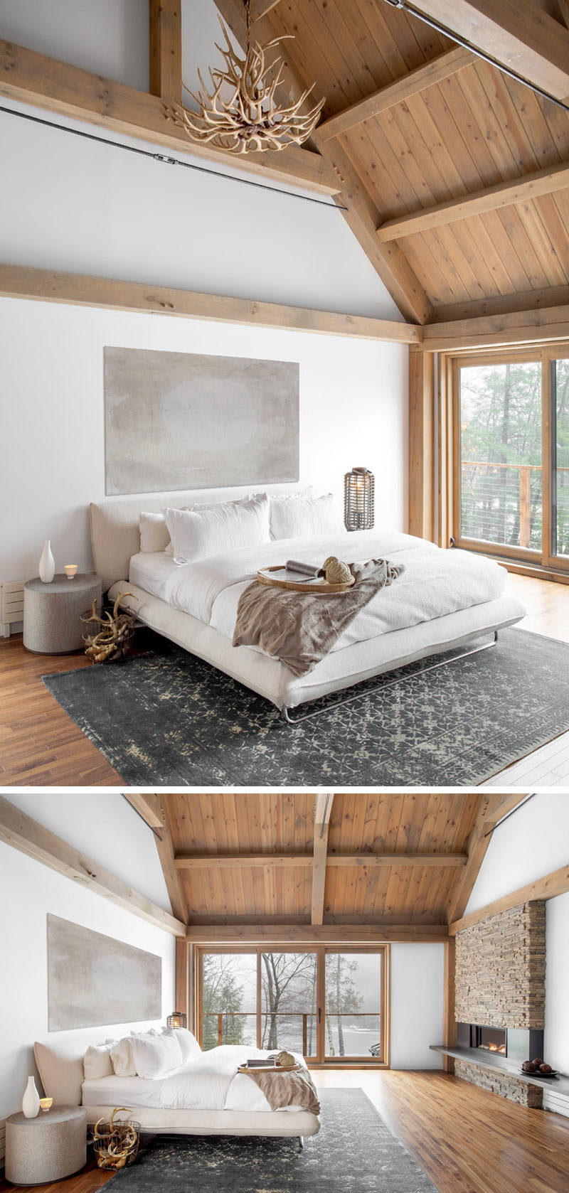 Bedroom Design Ideas - The exposed wood beams in this neutral barn-inspired bedroom give the room a warm cozy feeling that's amplified by the stone fireplace against the back wall.