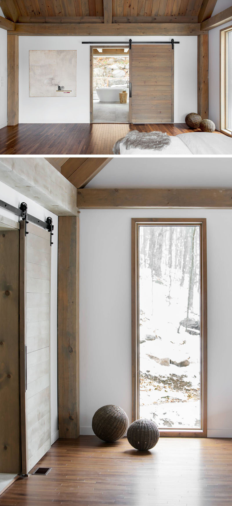 In keeping with the rustic yet modern feel of the bedroom, a sliding barn door separates the bedroom from the ensuite bathroom.