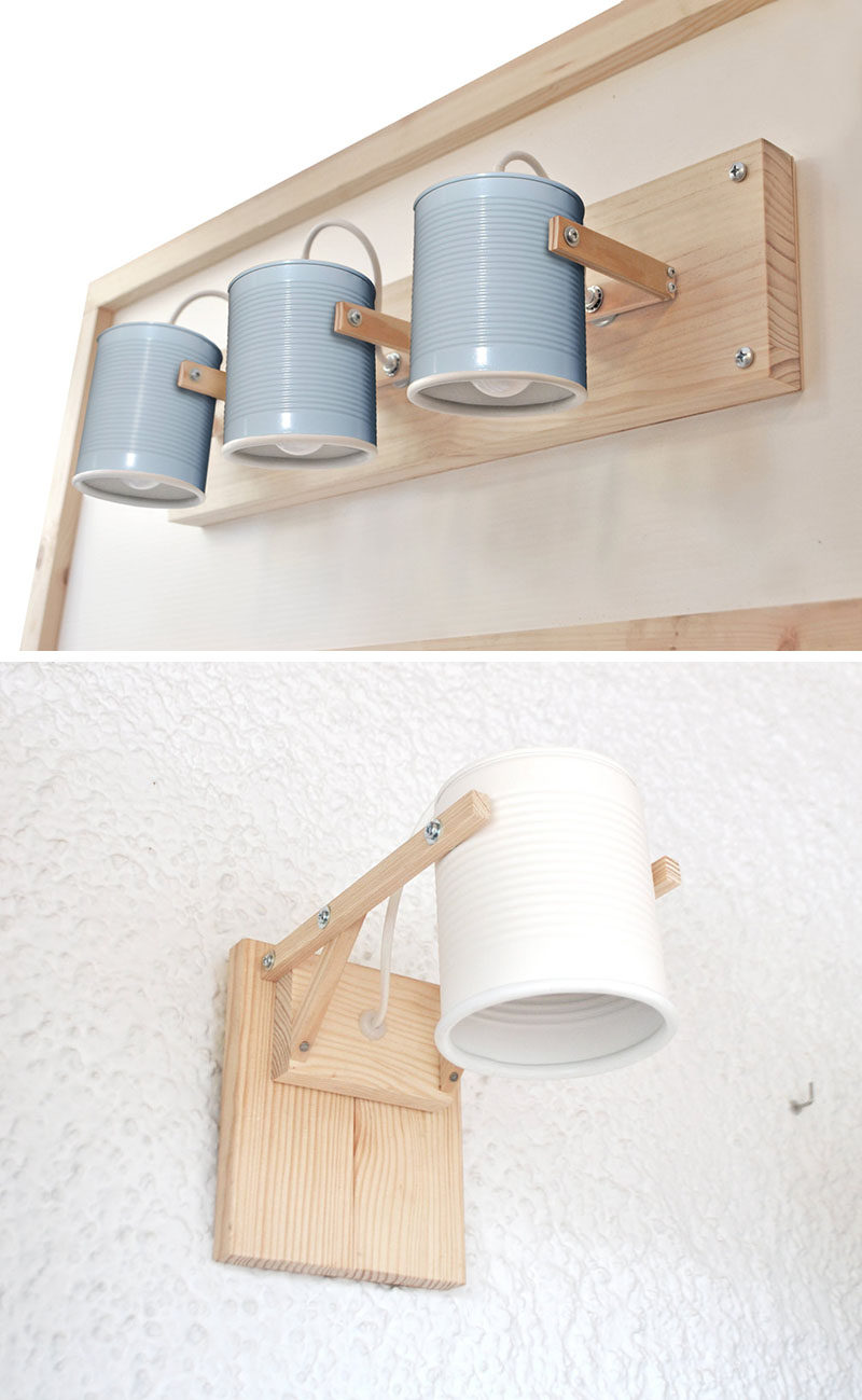 Design studio iLiui, have created this modern wall lamp that uses wood and matte painted recycled tin cans as part of the design.