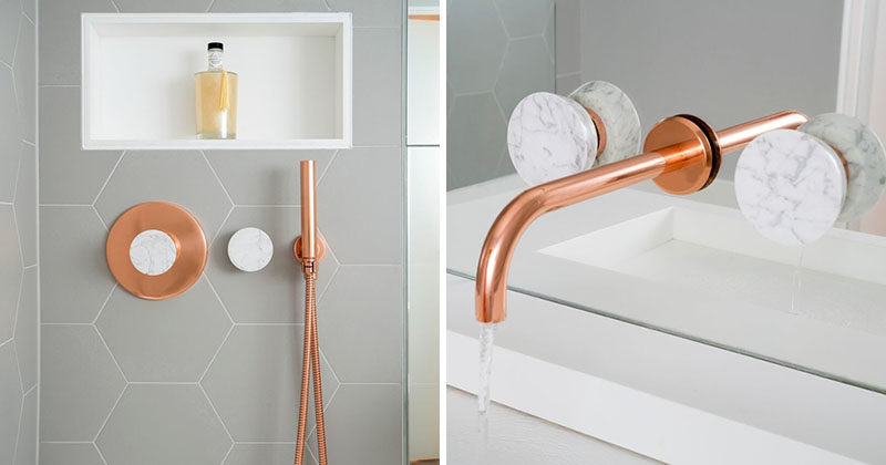 This bathroom features copper and marble fixtures next to light gray hexagon tiles