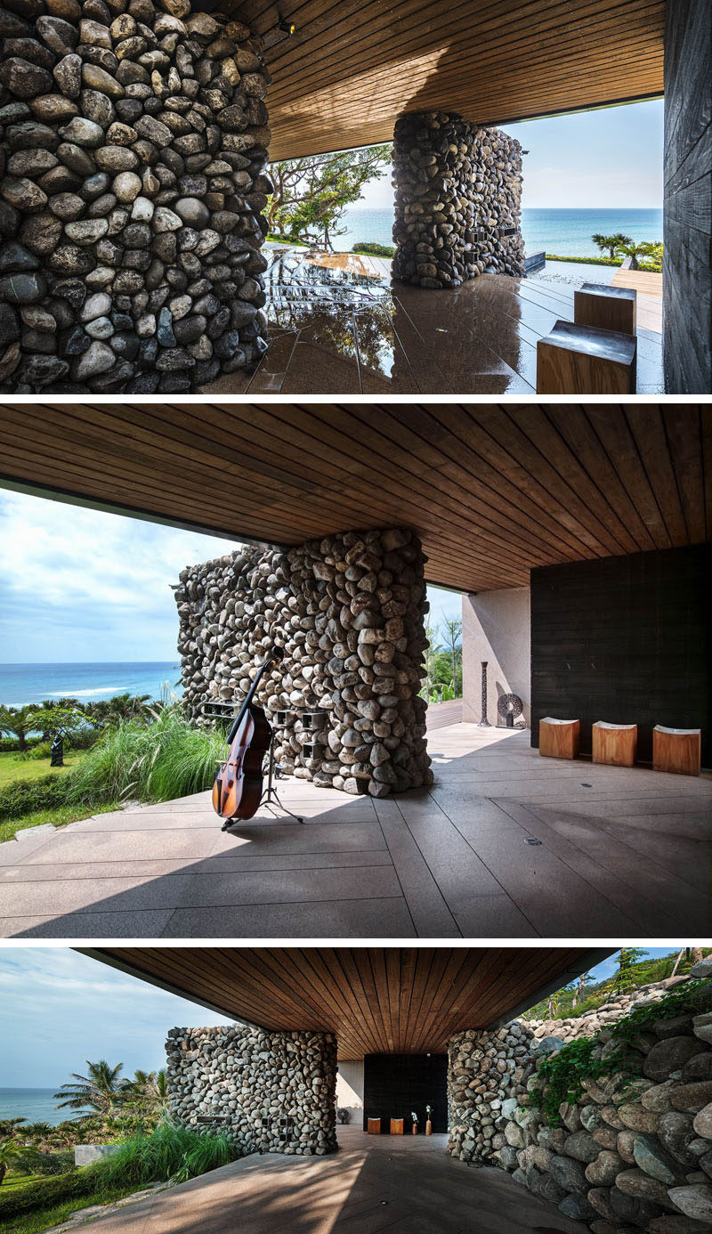 This modern house used the rocks excavated from the ground to build some of the walls.
