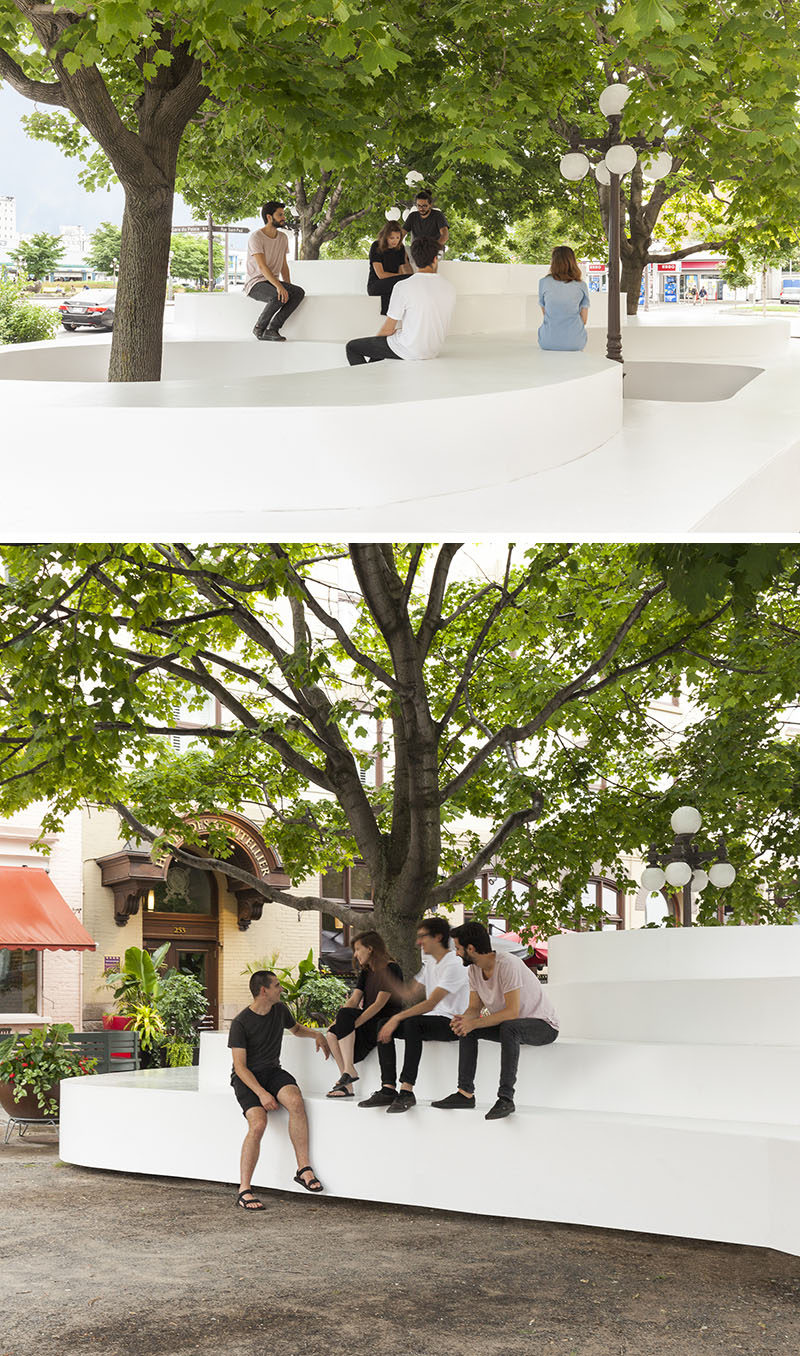 Atelier Pierre Thibault designed a public seating installation named Le Banc de Neige (The Bench of Snow), that was inspired by the snowbanks that gather around the trees and street lights in winter. 