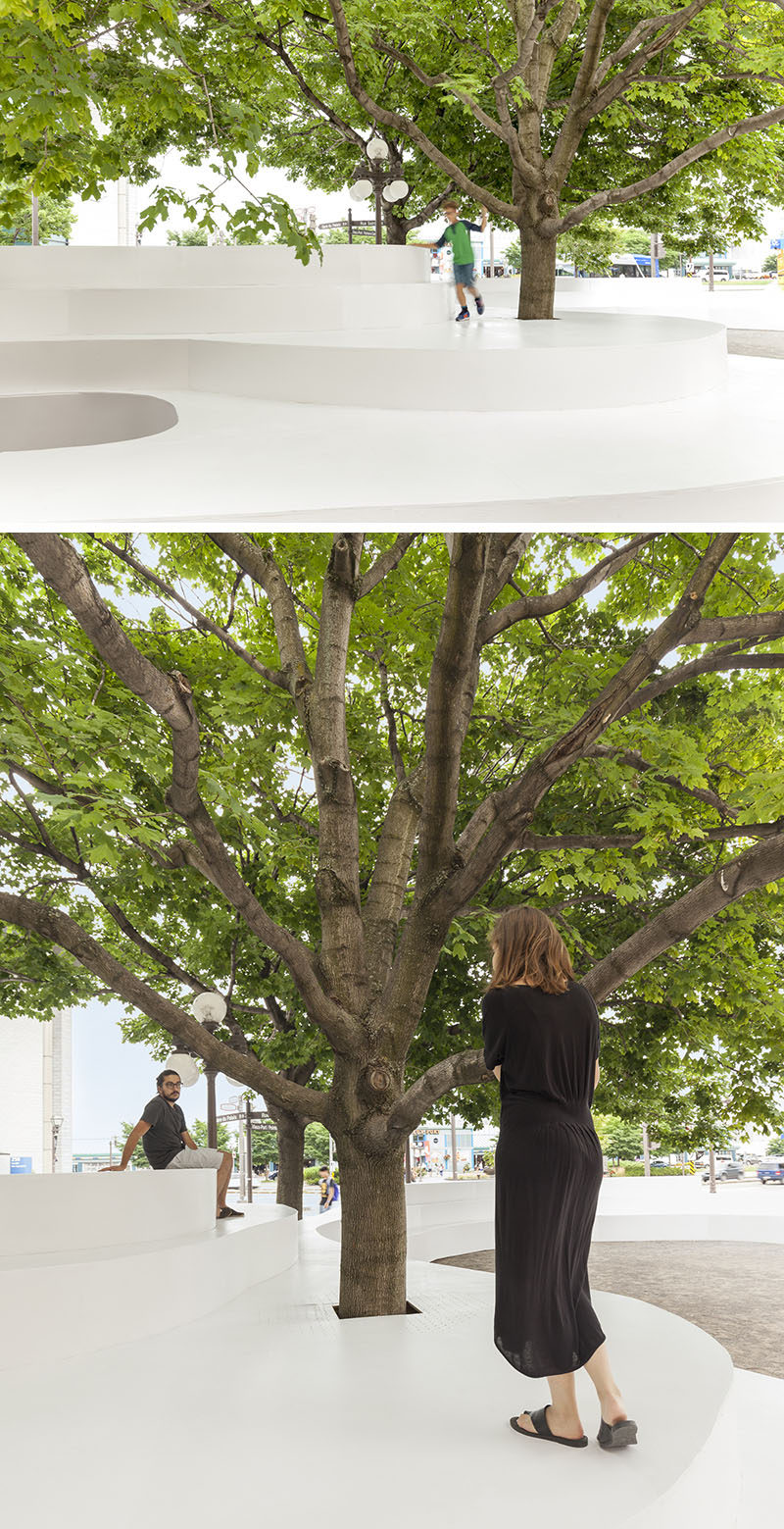 Atelier Pierre Thibault designed a public seating installation named Le Banc de Neige (The Bench of Snow), that was inspired by the snowbanks that gather around the trees and street lights in winter. 