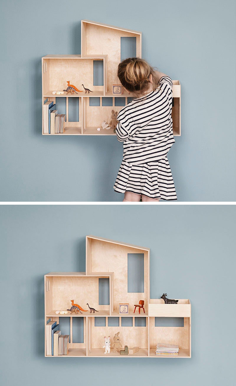 This wall-mounted modern dollhouse is great for decorating a cute bedroom for a little girl.