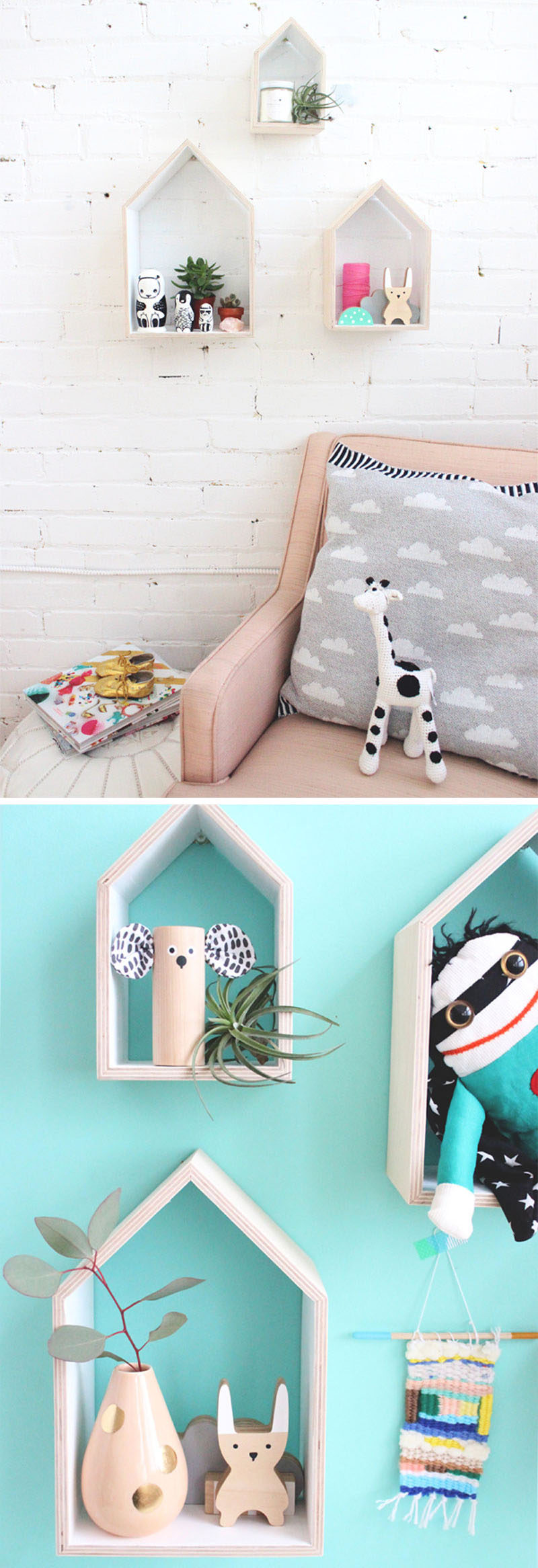 House-shaped wall shelves are a cute bedroom decorating idea for little girls or tweens.