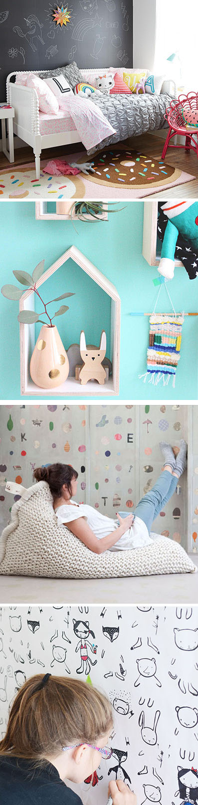 Here's a collection of cute bedroom decorating ideas perfect for a little girl or tween, that include chalkboard walls, wall art and comfortable furniture.