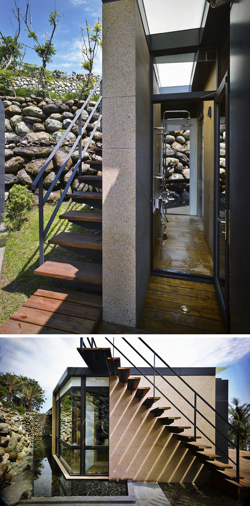 This modern house has a set of wood and steel stairs leading up to the roof.