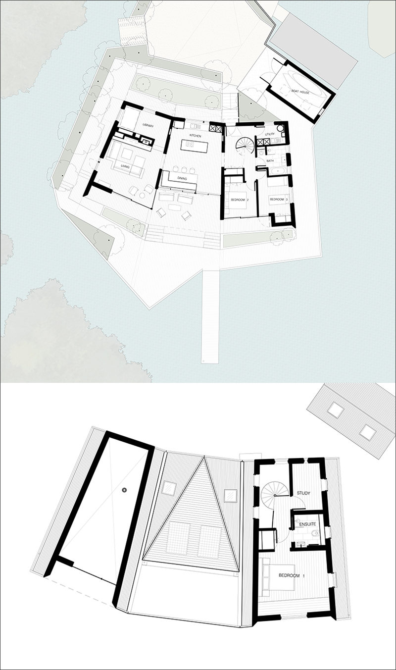 This floor plan is for a modern house that sits next to a lagoon.