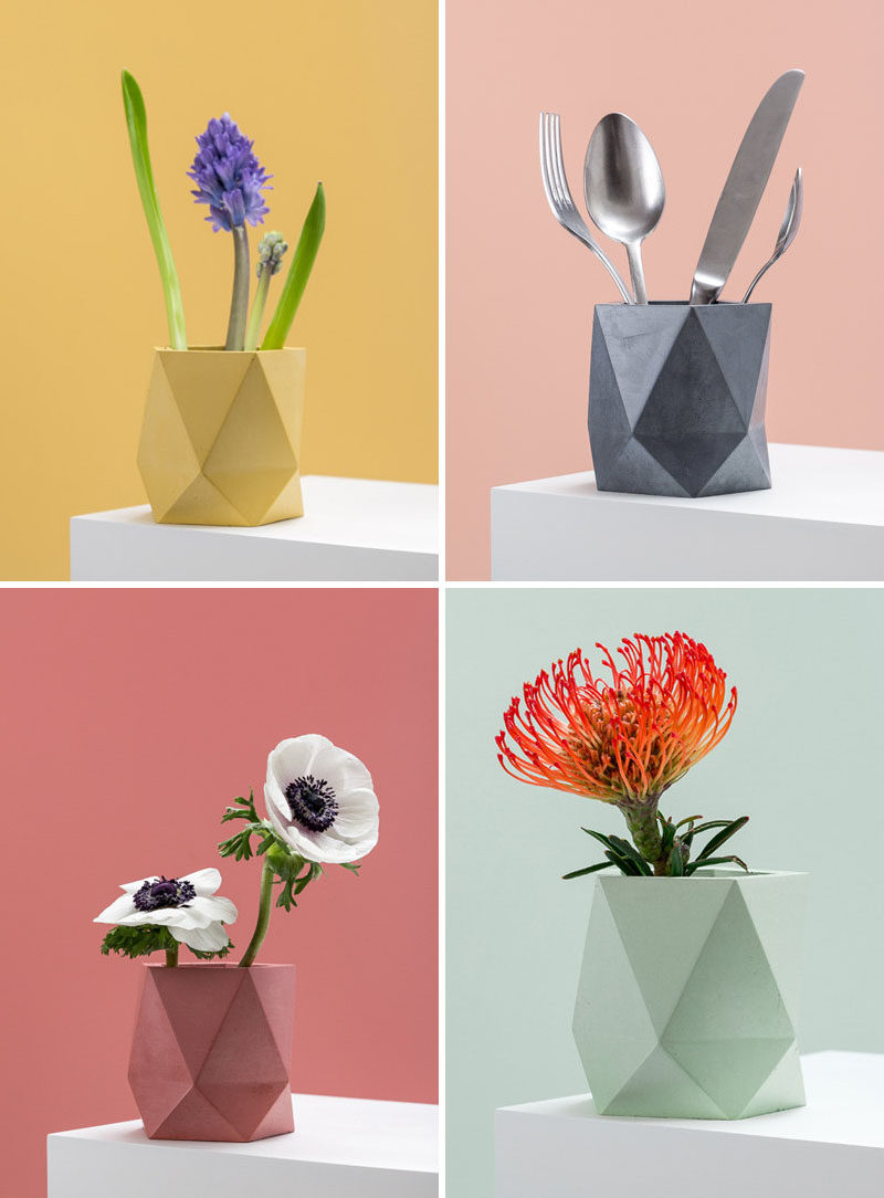 Austrian designer Klara Schuster, has created a collection of colorful concrete planters and vases that add a modern geometric look to your home decor. Plus they can also be used as a stylish container for various household items, like cutlery.