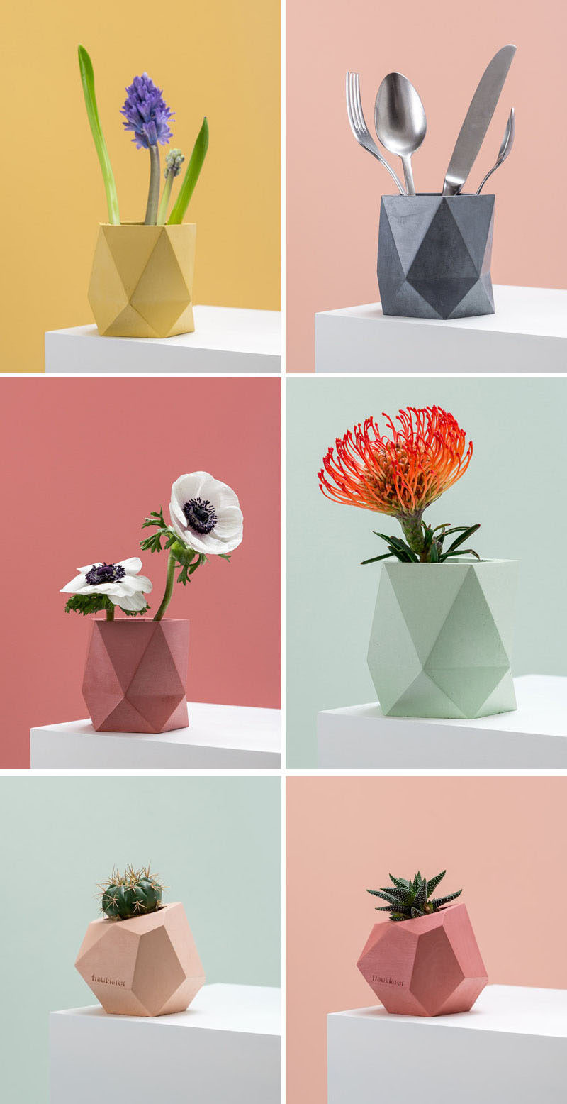 Austrian designer Klara Schuster, has created a collection of colorful concrete planters and vases that add a modern geometric look to your home decor.