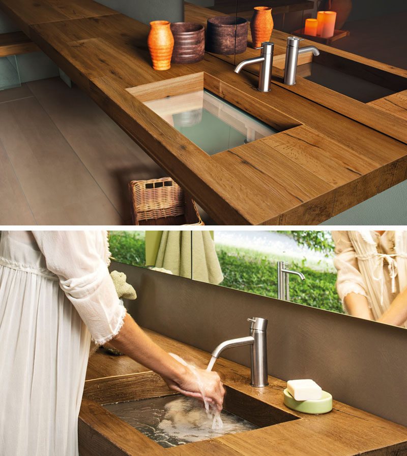 Bathroom Ideas - The Depth Basin, designed by Daniele Lago for the Italian design brand LAGO, is a glass sink that when combined with wood (or other materials) creates a unique looking vanity that would fit right into any modern bathroom.