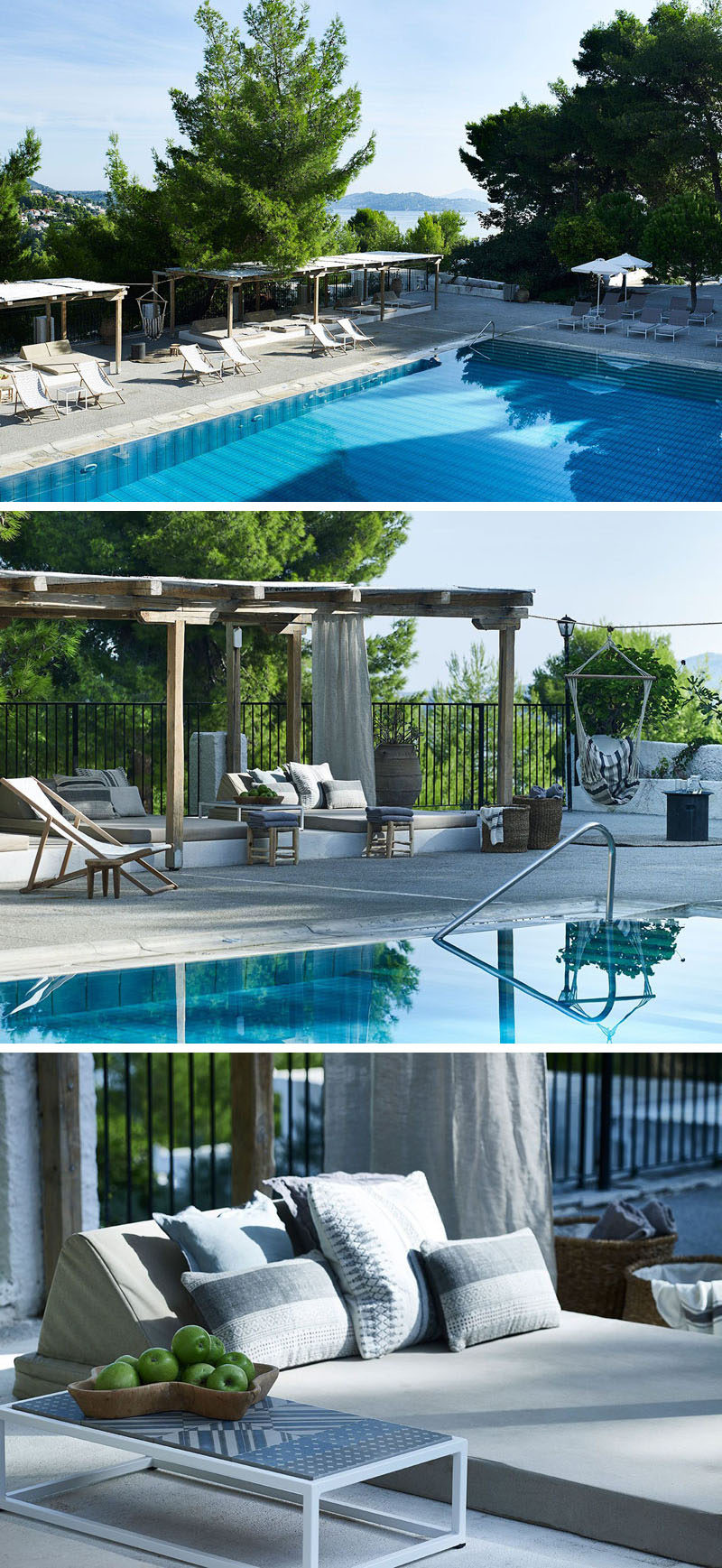 Built-in lounges surround the swimming pool at this modern hotel in Greece.