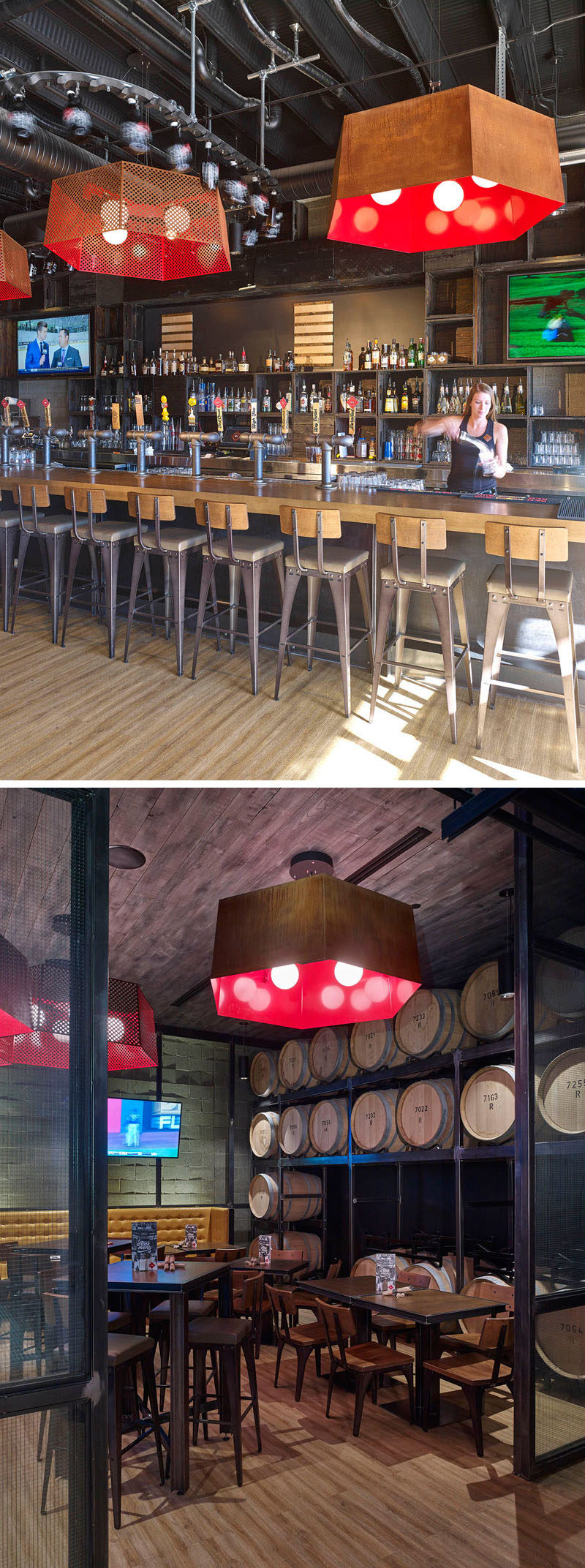 This industrial brew pub features a casual dining area as well as a large bar area both with large copper lights above them. The use of pipes in place of more traditional looking beer taps, together with wooden elements create an industrial look throughout the space.