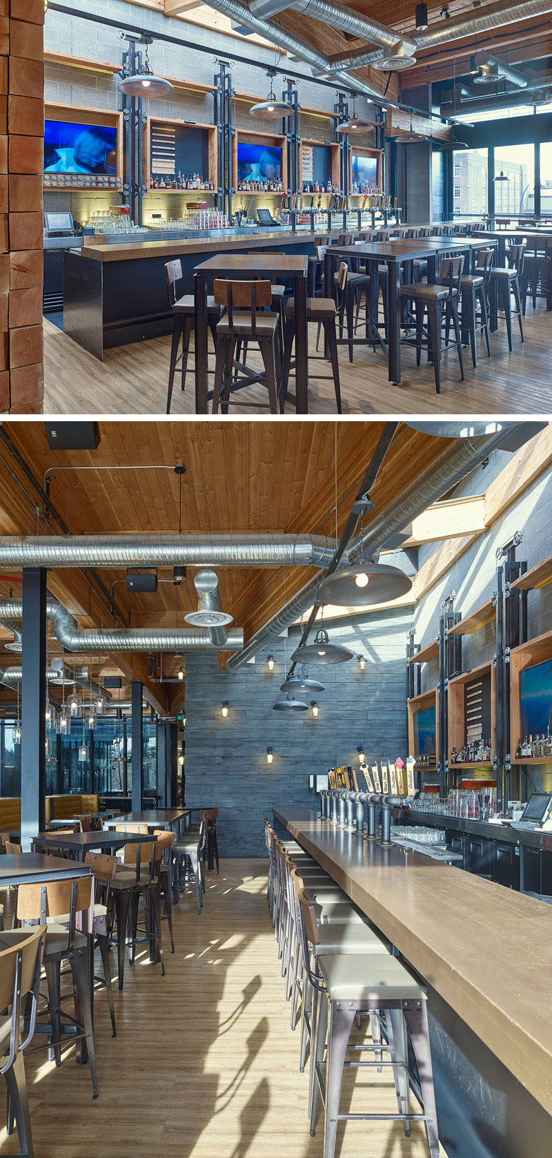 This brew pub bar features pipe-style taps and is brightened by a skylight directly above it.