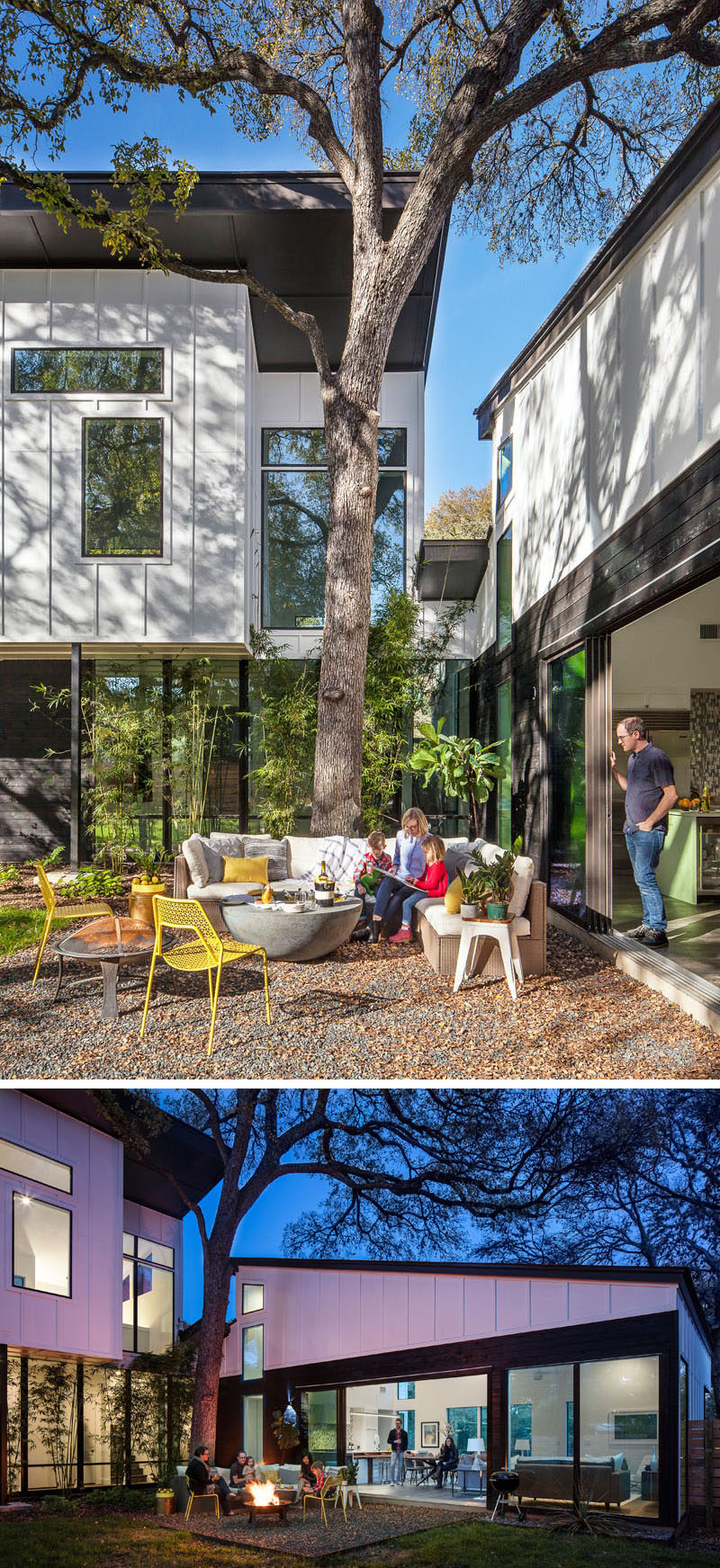 Sliding glass doors off the main living and dining area of the this home open up to create an indoor / outdoor entertaining space. An L-shaped outdoor couch follows the shape of the house, and at nighttime, a portable wood burning firepit can be enjoyed.