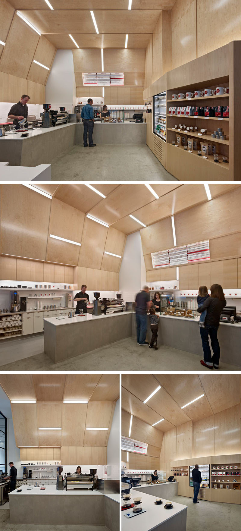 This modern coffee shop design has the walls and ceiling covered in plywood. Embedded within the plywood walls are strips of lighting creating a unique and artistic design.