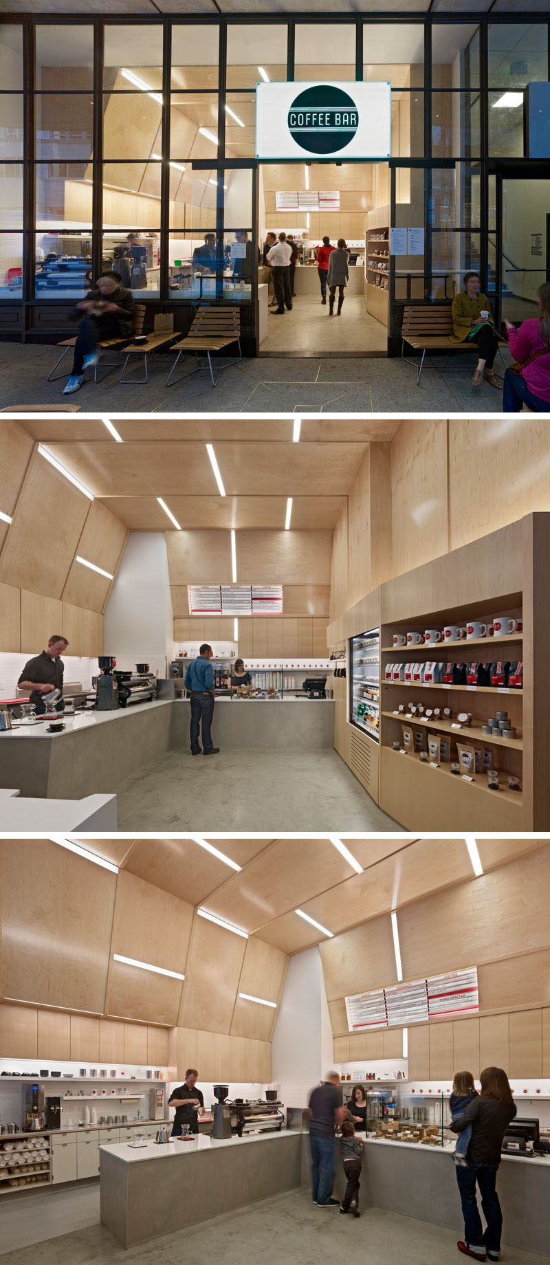 This modern coffee shop design has the walls and ceiling covered in plywood. Embedded within the plywood walls are strips of lighting creating a unique and artistic design.