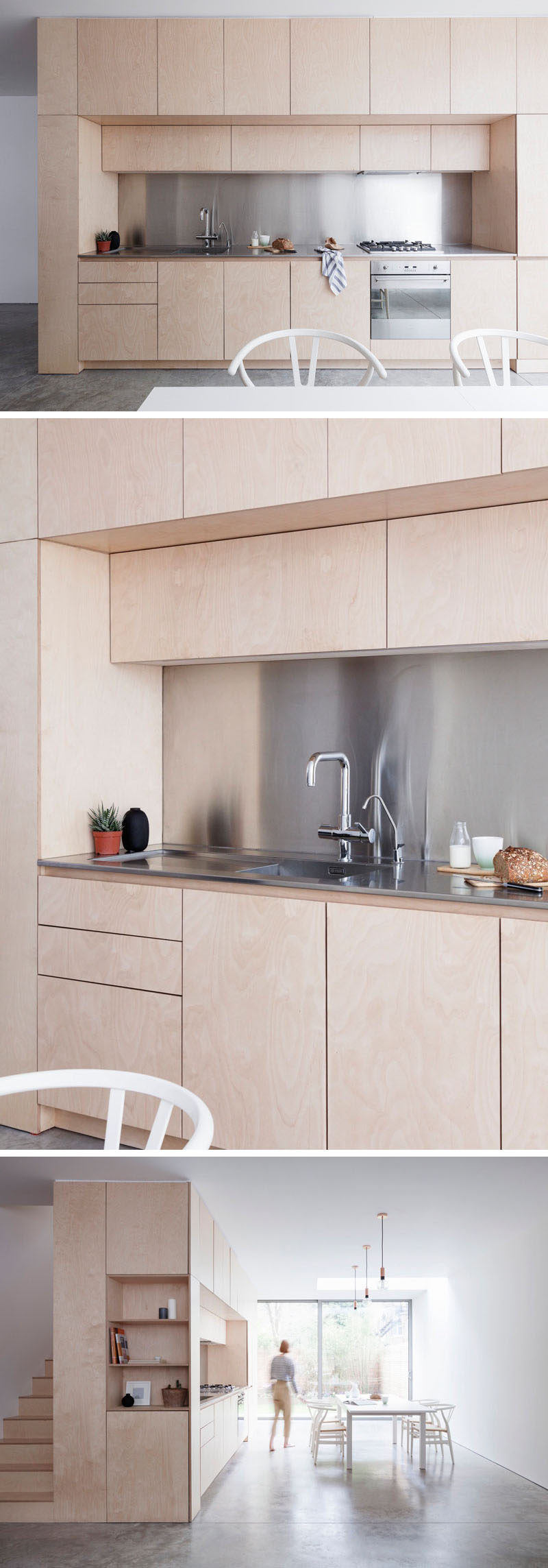 Kitchen Ideas - Polished concrete floors together with white walls, simple furniture, hardware-free light plywood kitchen cabinetry and a stainless steel backsplash and countertop, make this kitchen with dining area contemporary and minimal in its design.