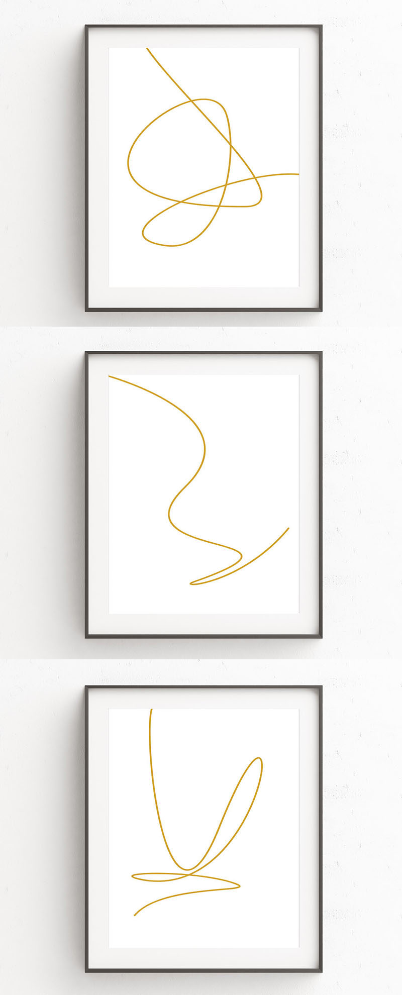 This collection of three minimalist art prints are made from single gold lines. Each of the three digital prints features a single line with unique curves, loops, and angles to create simple abstract line art perfect for a simple interior.