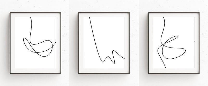 Oju Design has created this collection of minimalist modern line art prints that have single black lines with smooth curves interrupting the all white backgrounds to create art that's simple and easy to look at.