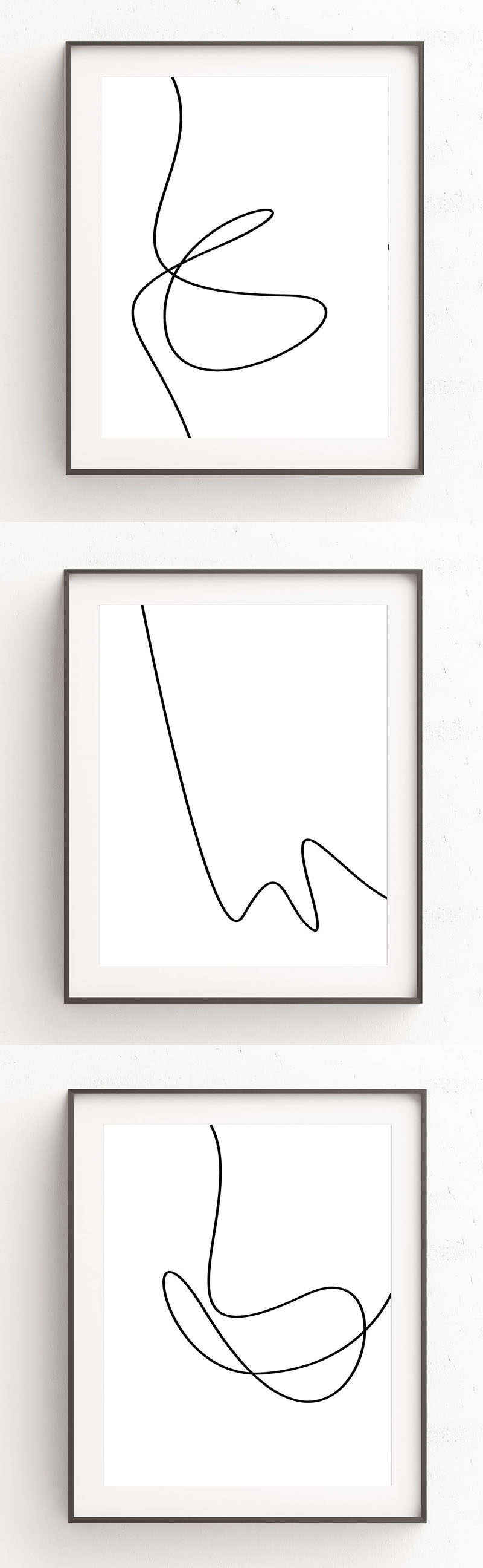 Oju Design has created this collection of modern minimalist line art prints that have single black lines with smooth curves interrupting the all white backgrounds to create art that's simple and easy to look at.