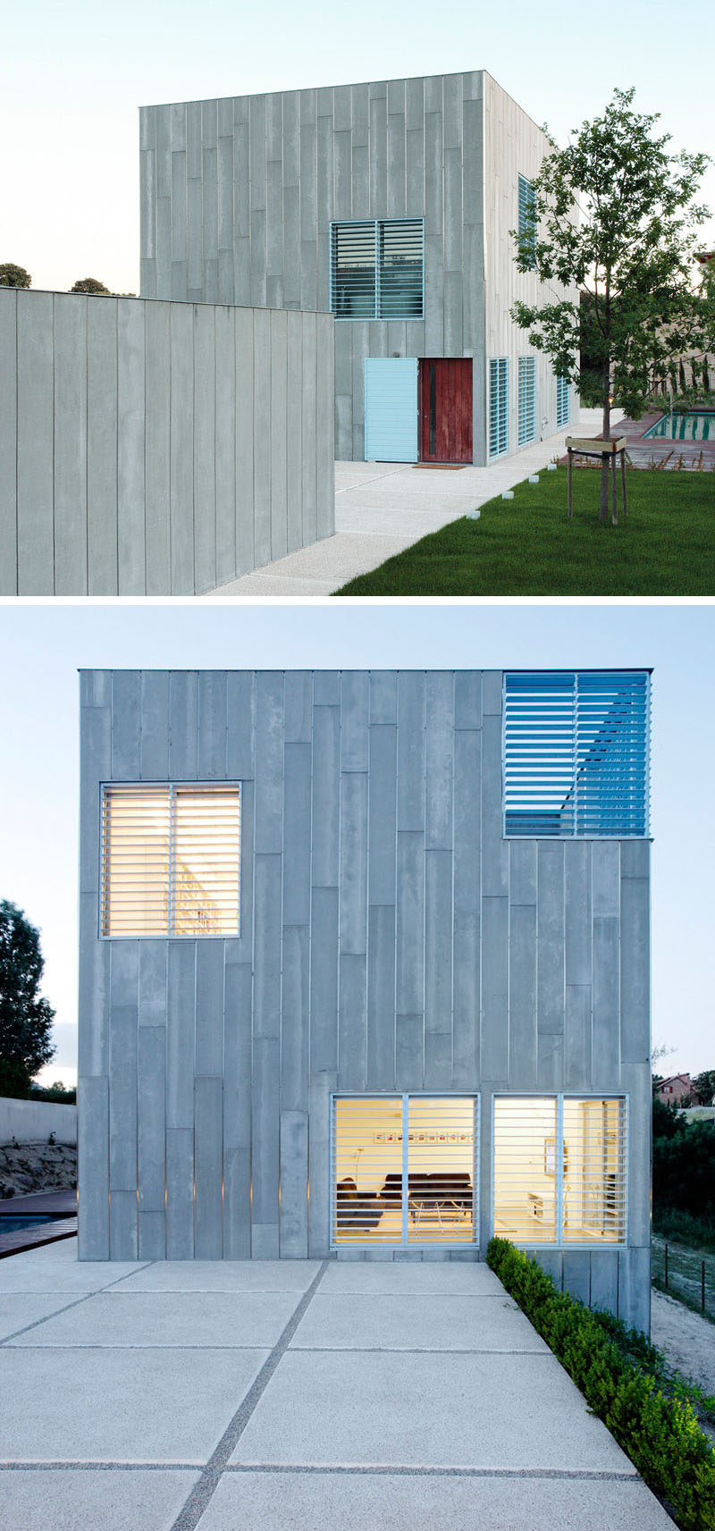 12 Minimalist Modern House Exteriors // Grey siding covers this exterior of this home that features light blue shutters to create a playful yet minimal appearance.