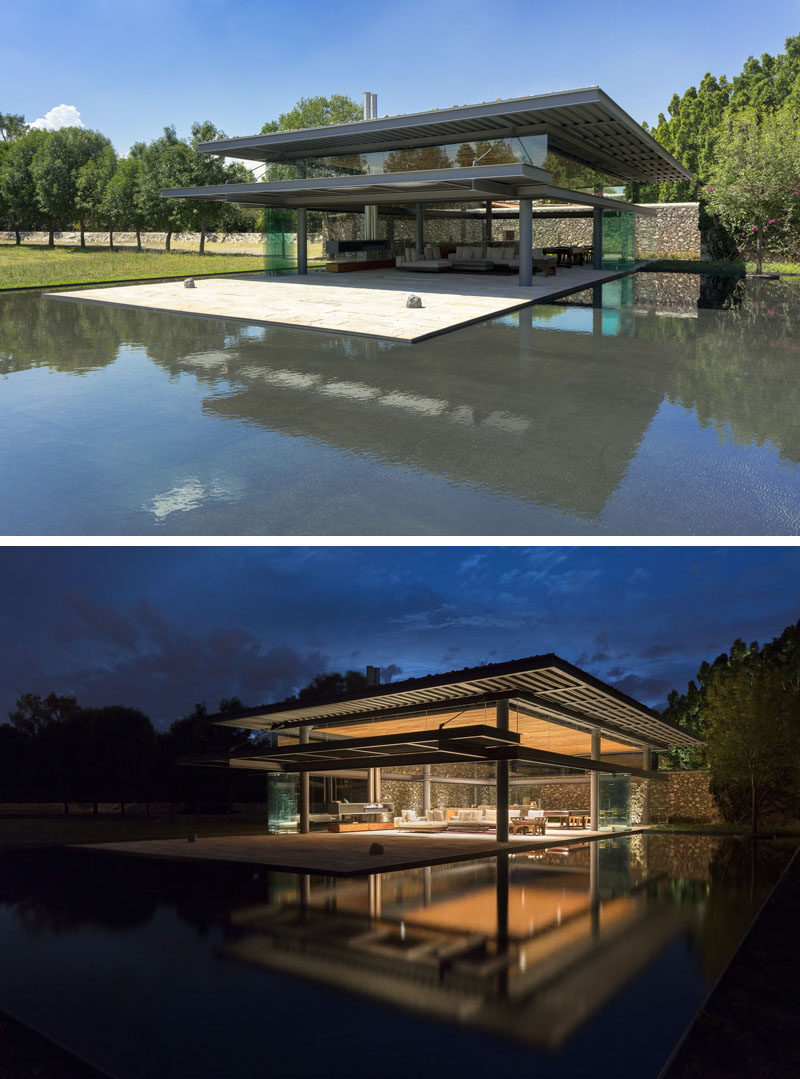 This modern pavilion, used by visiting guests and for events, has a large water feature that reflects the architecture and almost surrounds it at the same time.