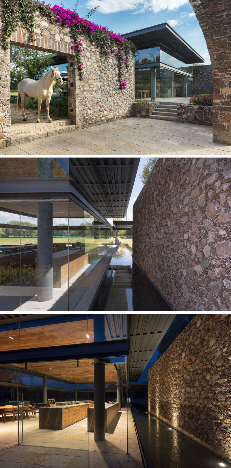 Metal, glass, stone and wood have been used in the design of this modern visitors pavilion. At the entrance to the pavilion, you are greeted by stone walls and large sliding glass doors.