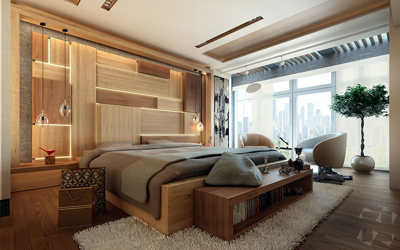 This Modern Bedroom Features An Artistic Wood Headboard With Hidden