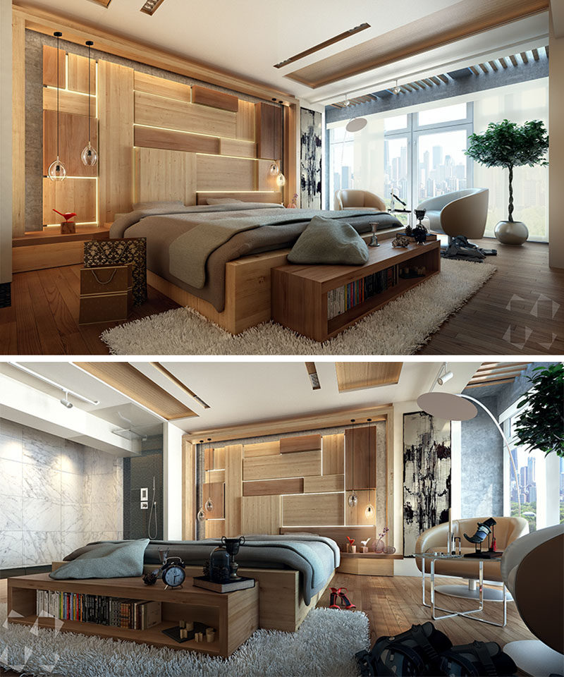 This modern bedroom concept design includes an artistic wood accent wall as a headboard behind the bed, that has hidden lighting to create a soft glow.