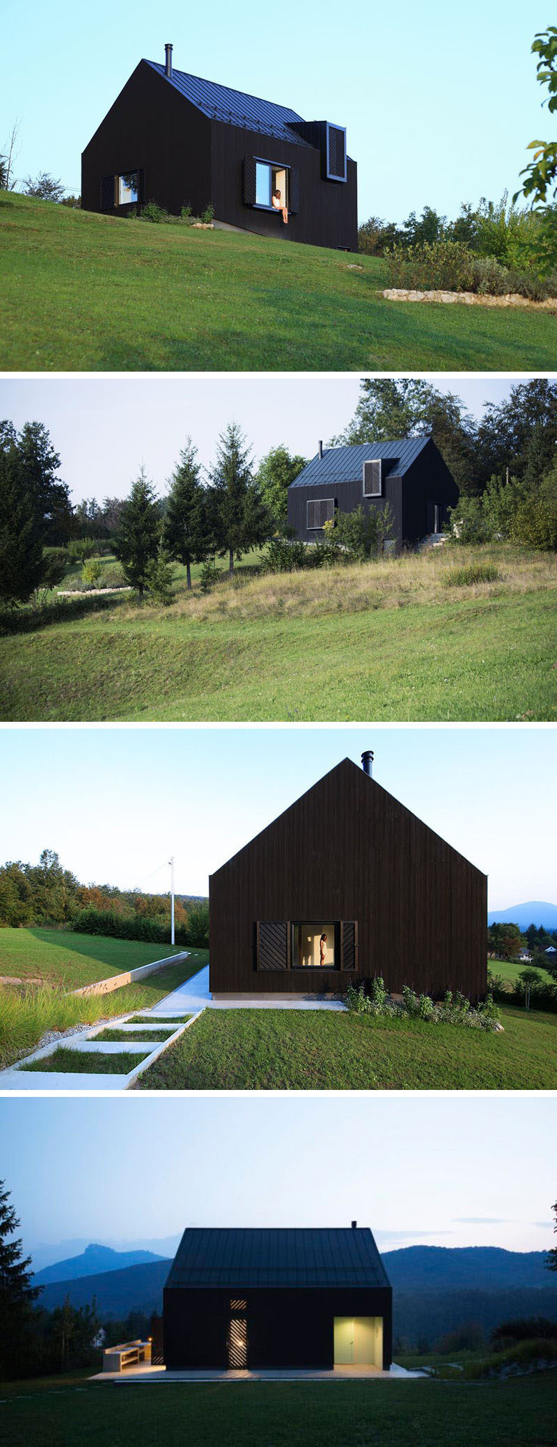 This small modern black house sits on a slope in the countryside of Croatia.