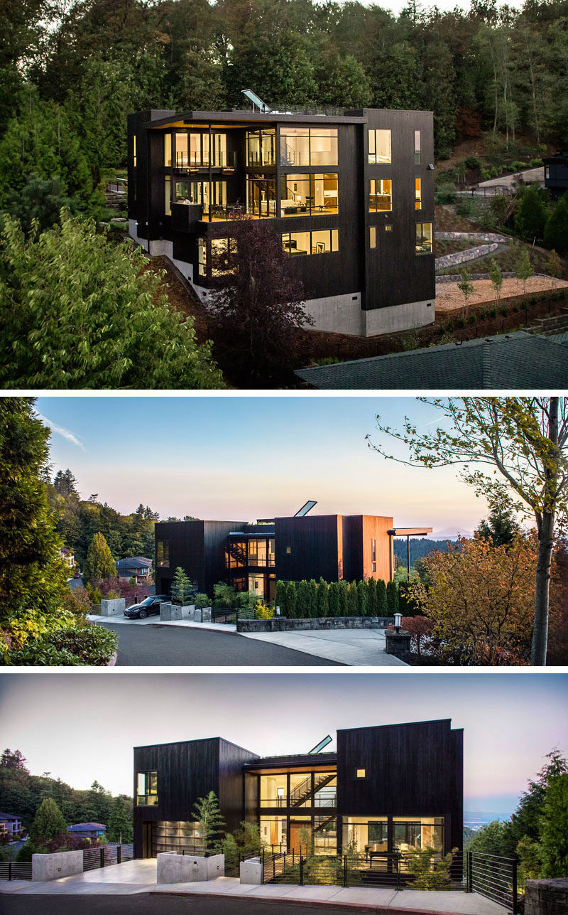 House Exterior Colors – 14 Modern Black Houses From Around The World / This multilevel home is clad in stained black siding that creates a bold statement against the natural greenery of the forest around it.