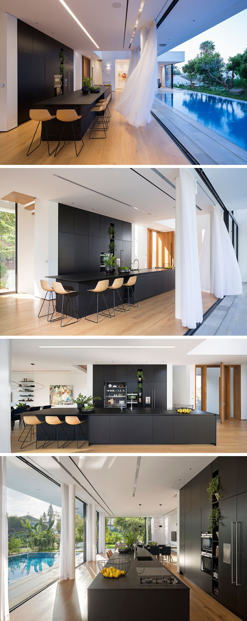 This matte black kitchen is a strong contrast the the rest of the house, where the walls are mostly white. A long island creates plenty of counterspace and acts as a casual dining area, while the wall is home to floor-to-ceiling cabinetry, allowing for plenty of storage.