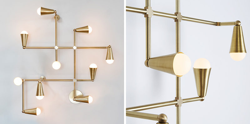 This modern brass light fixture, named Zig-Zag, can be used as a decorative wall lamp or a ceiling lamp. Perfect for creating a mid-century inspired look in your home.