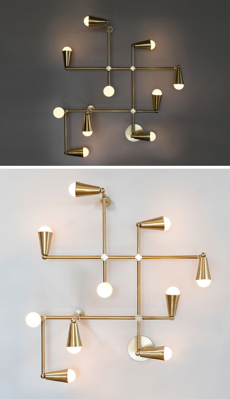 This modern brass light fixture, named Zig-Zag, can be used as a decorative wall lamp or a ceiling lamp. Perfect for creating a mid-century inspired look in your home.