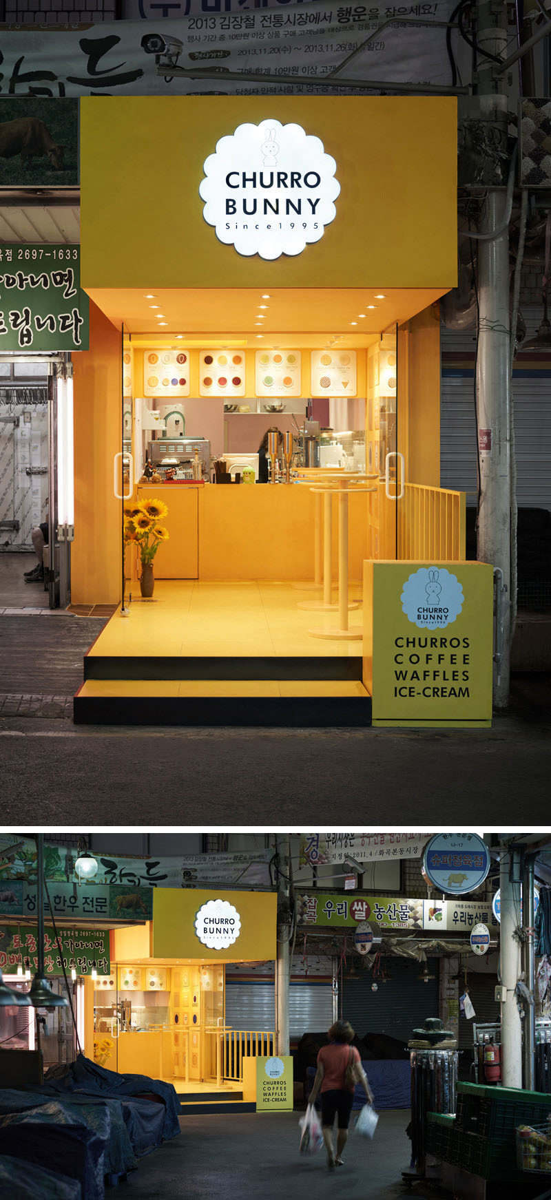 10 Unique Coffee Shops In Asia / Design studio M4 designed Churro Bunny, a bright and inviting takeaway cafe in Seoul, South Korea that stands out from the rest of the buildings on the street and adds a whimsical pop of yellow to the block.