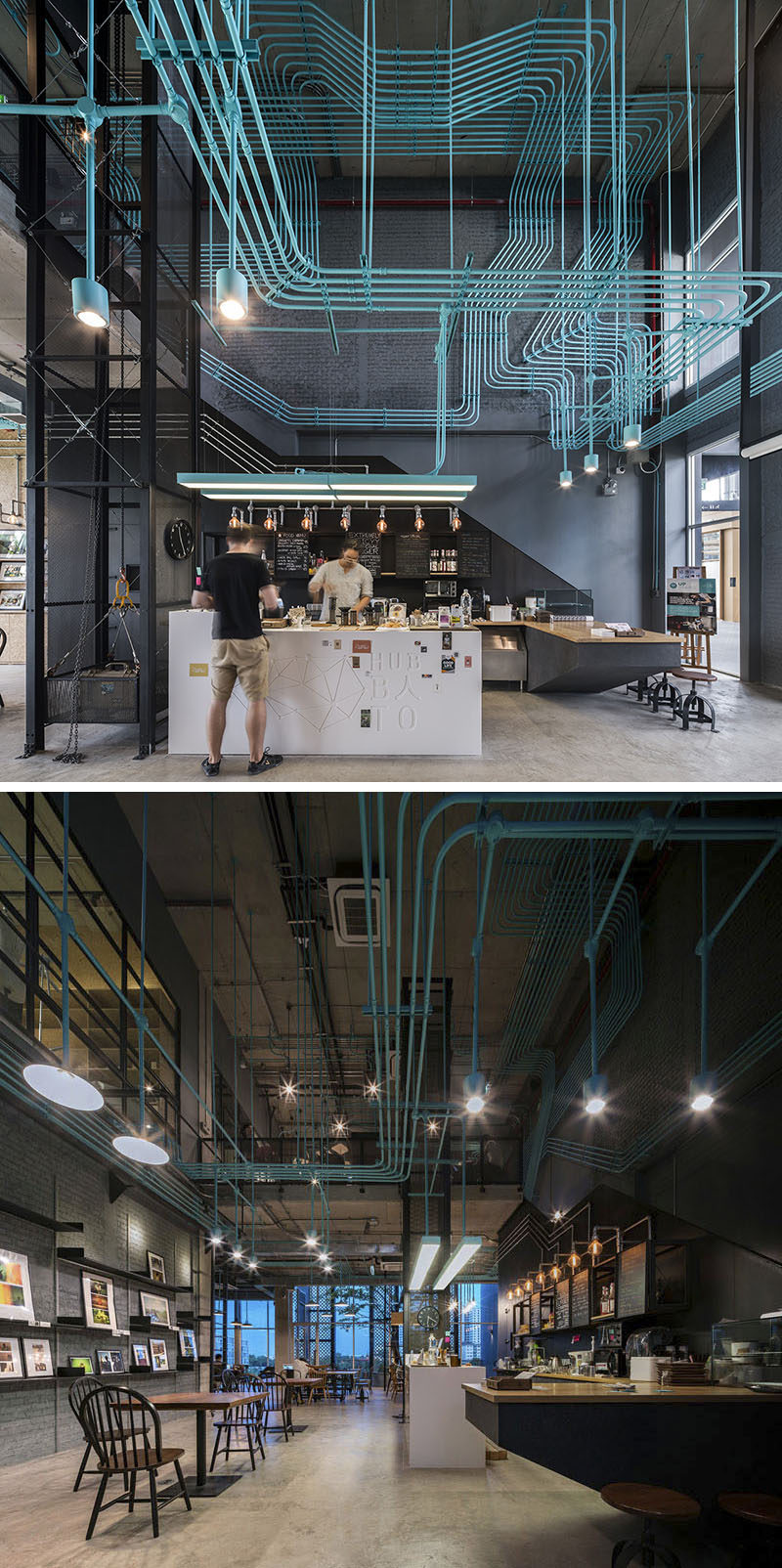 10 Unique Coffee Shops In Asia / Supermachine Studio and developer Sansiri designed this office coffee shop that highlights the electrical conduit system by painting it a bright turquoise to give it a fun, industrial look. 