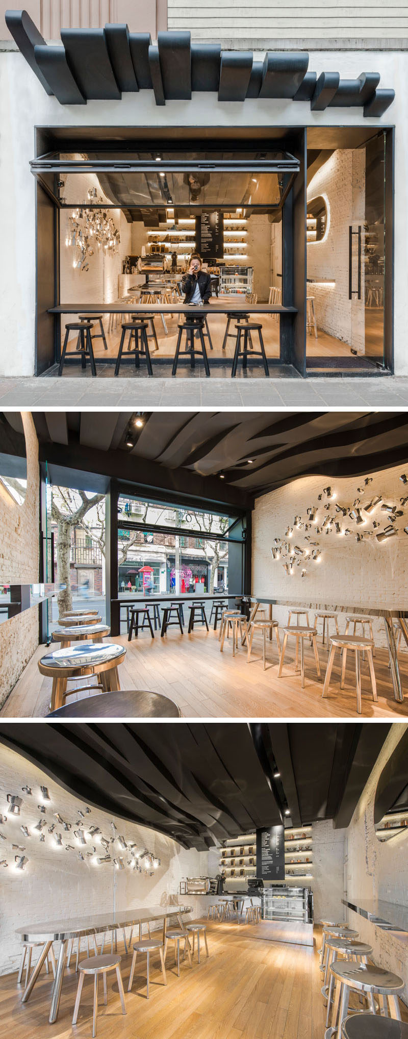 10 Unique Coffee Shops In Asia / Alberto Caiola designed Fumi Coffee, a cafe in Shanghai, China, designed to draw people into it by grabbing their attention with a sculptural ceiling that flows from the outside all the way to the back of the cafe and was inspired by the aromatic vapors of coffee.