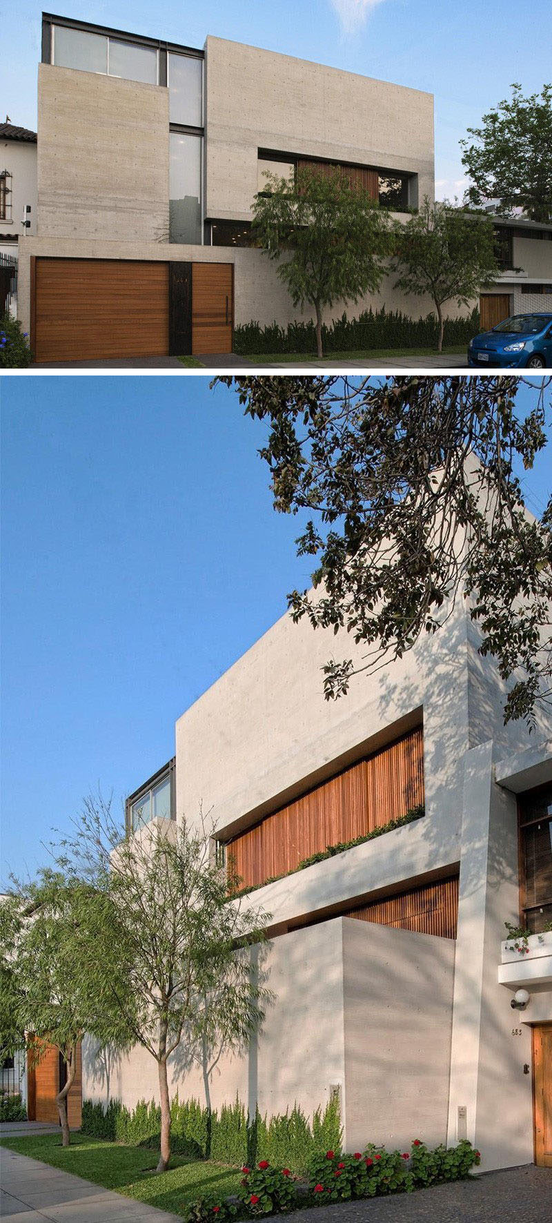 13 Modern House Exteriors Made From Concrete | Although the majority of this house made from concrete, the wood on the front door, garage door and windows gives it a warm and inviting look.