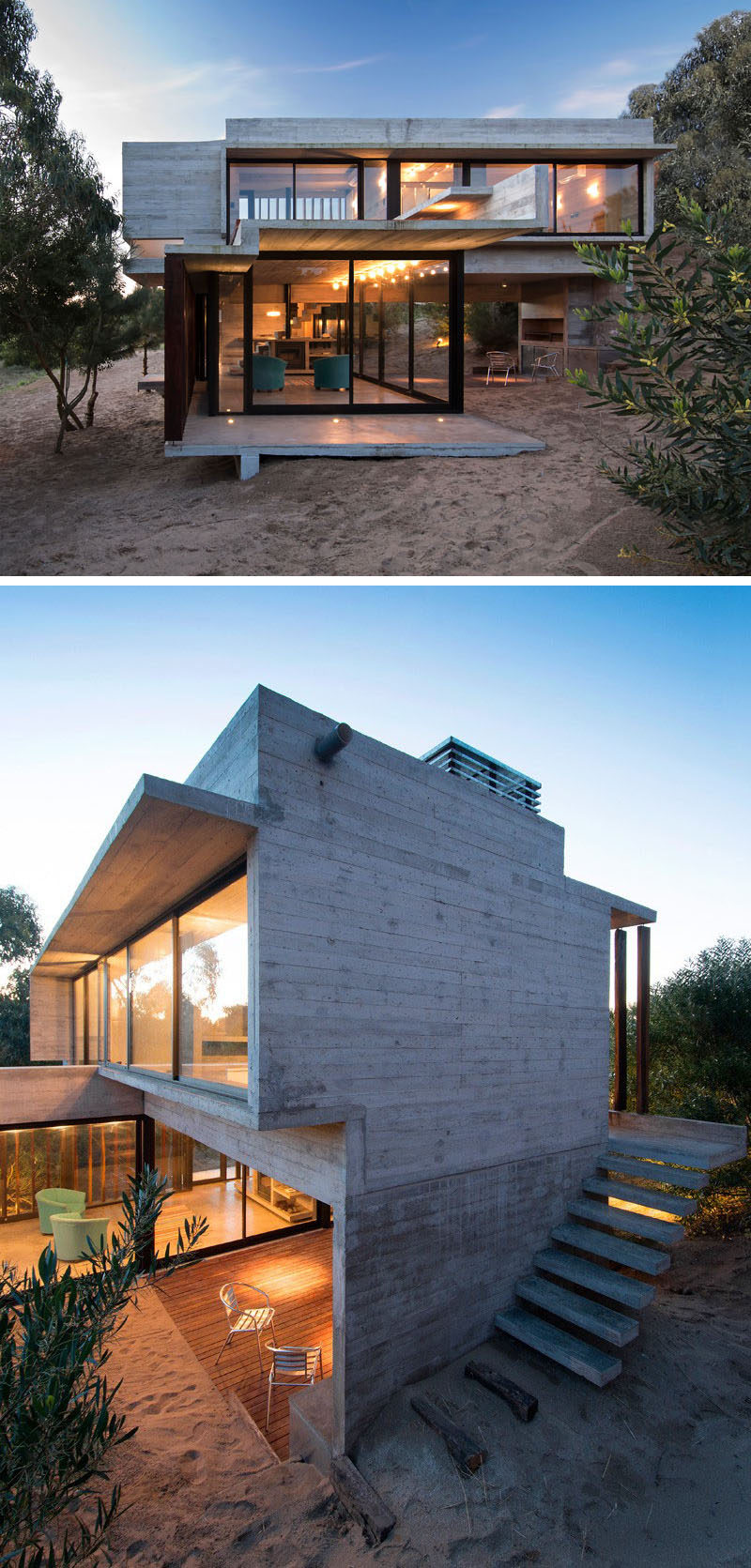 13 Modern House Exteriors Made From Concrete | The grey concrete of this beach house blends in with the color of the sand for a modern yet casual appearance.