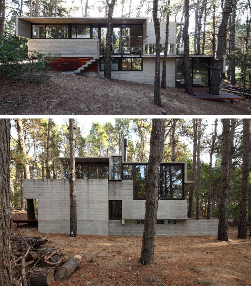 13 Modern House Exteriors Made From Concrete | Large windows on this concrete house are positioned to take advantage of the forest views.