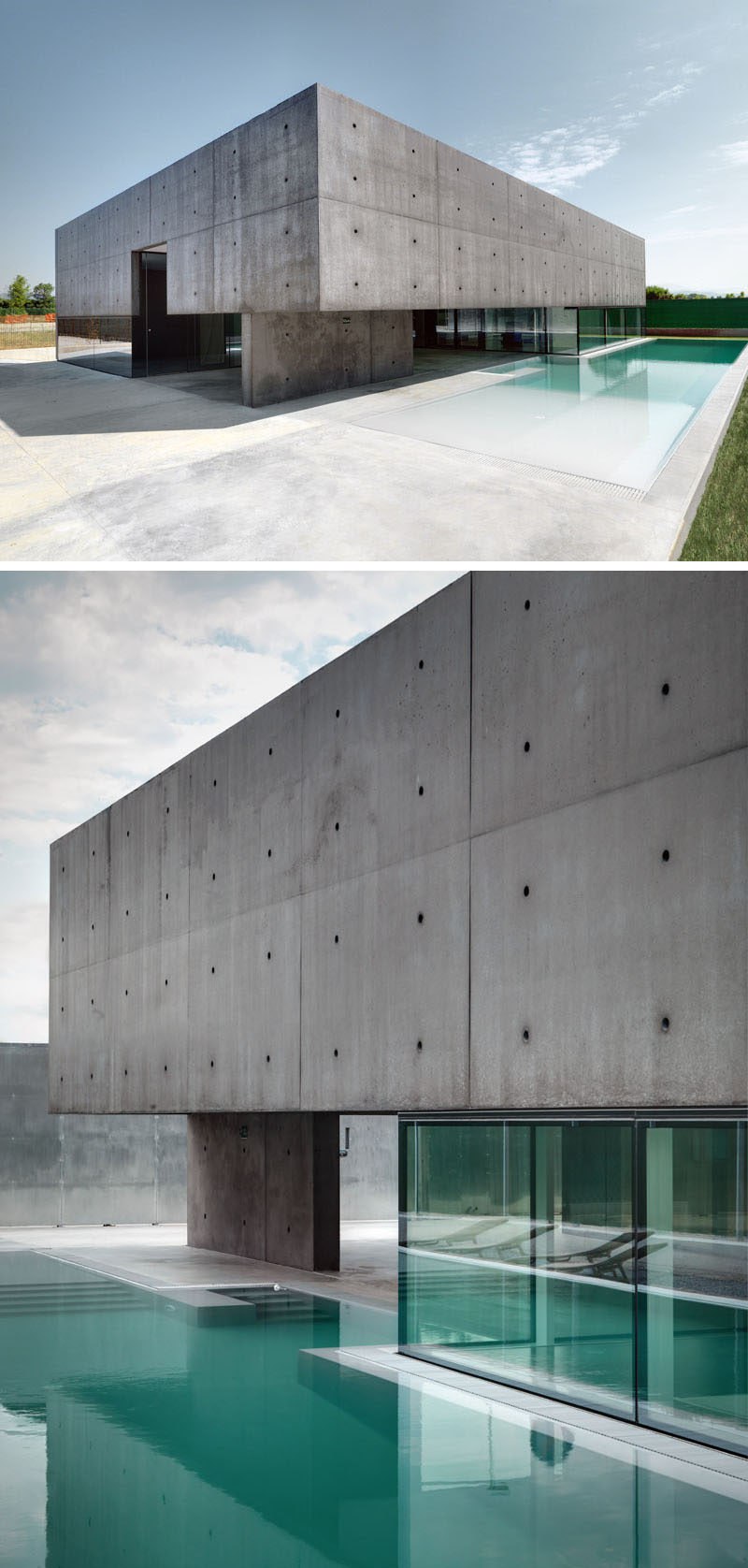 13 Modern House Exteriors Made From Concrete | This box-like concrete home sits on top of a base of windows that make it look like it's hovering next to the blue pool.